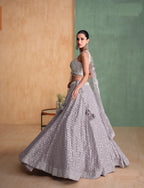 Silver Grey Sequined Georgette Lehenga with Modern Embroidery