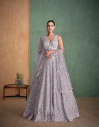 Silver Grey Sequined Georgette Lehenga with Modern Embroidery