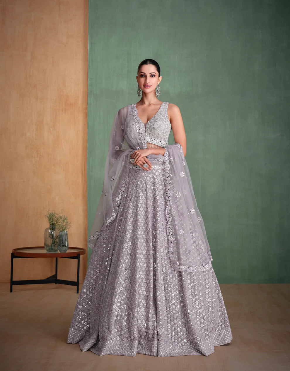 Silver Grey Sequined Georgette Lehenga with Modern Embroidery