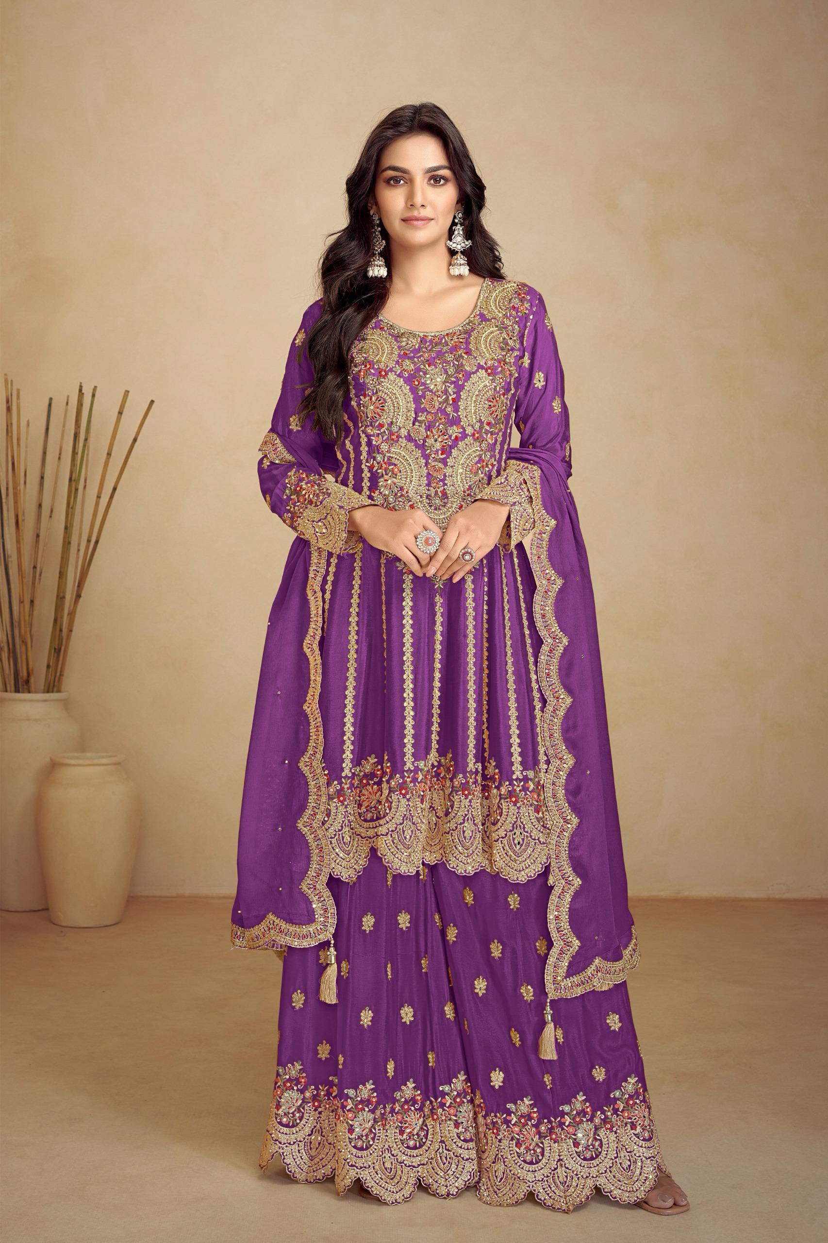 Purple Embroidery Festive Sharara Suit