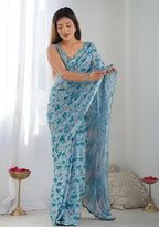 Light Blue Georgette Silk with Mirror Work Border Saree