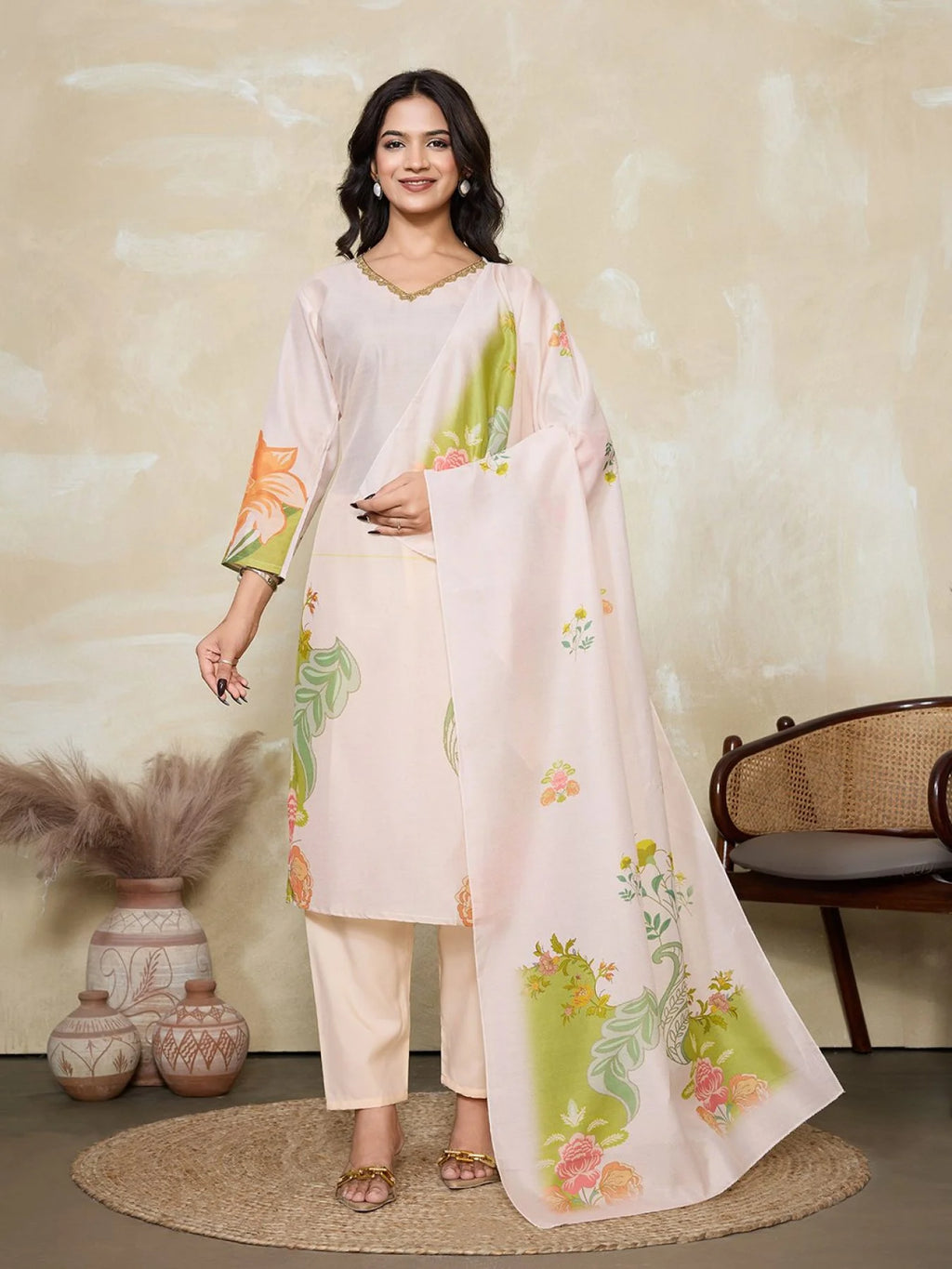 Light Peach Muslin Silk Thread Work Kurta Set
