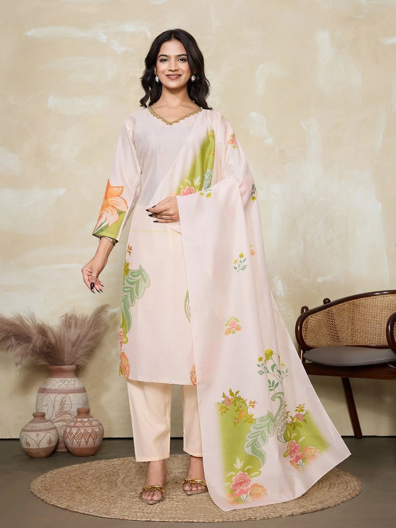 Light Peach Muslin Silk Thread Work Kurta Set