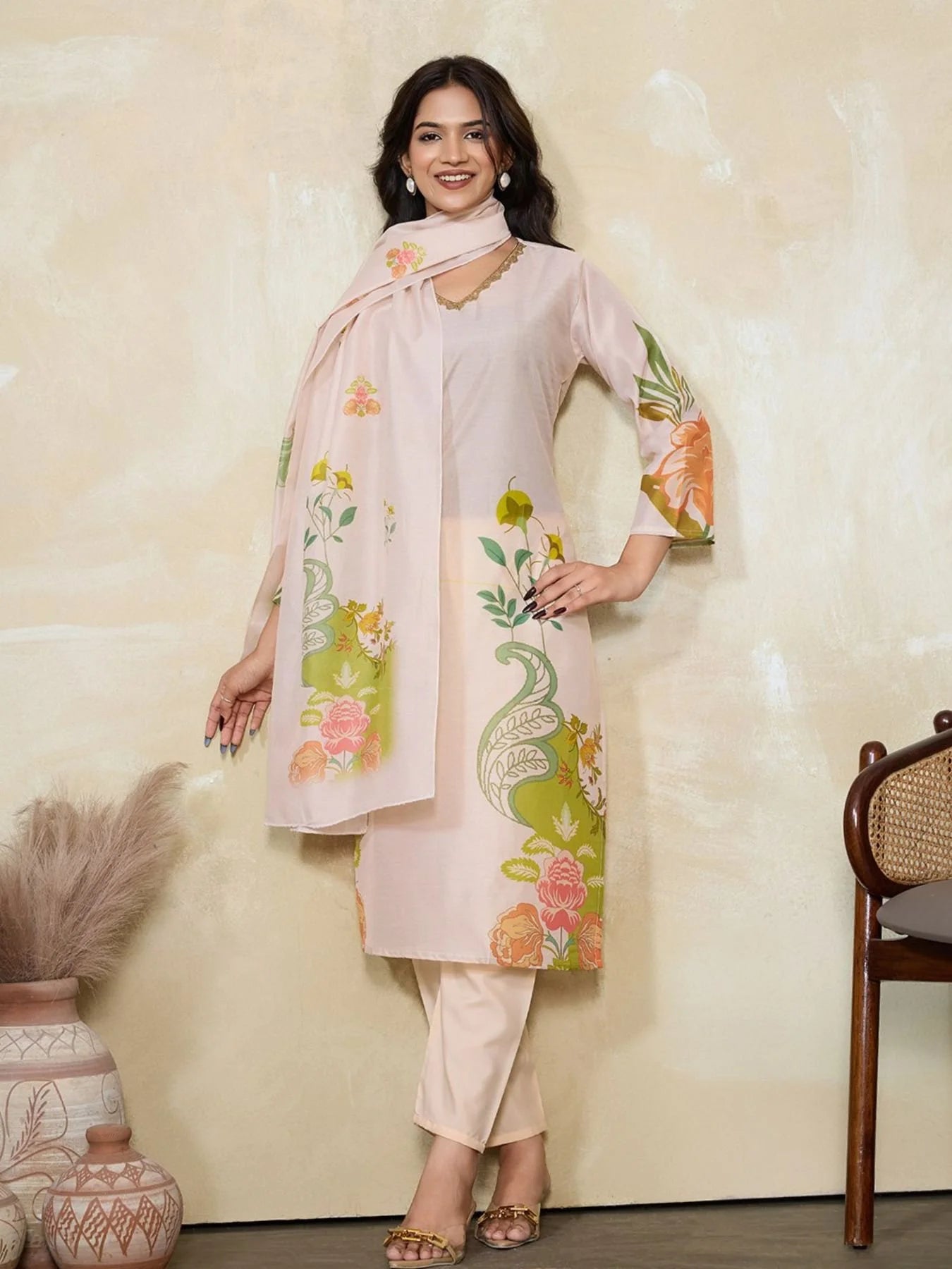 Light Peach Muslin Silk Thread Work Kurta Set