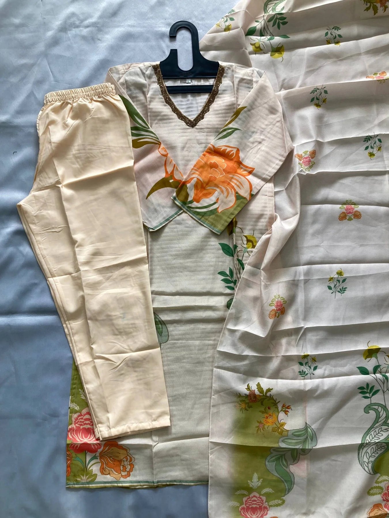 Light Peach Muslin Silk Thread Work Kurta Set