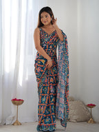 Multicolor Chinon Printed Designer Saree