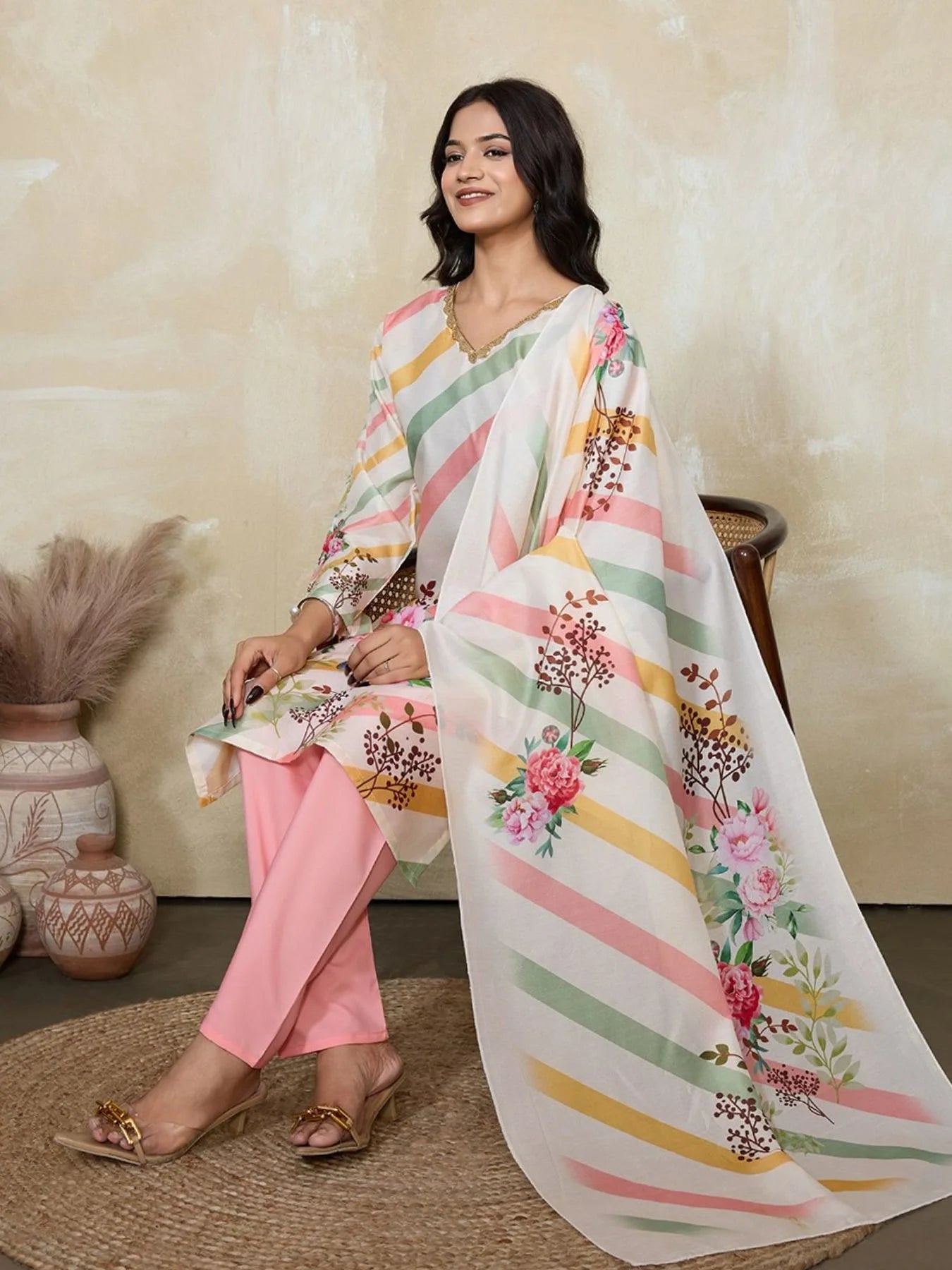 Multicolor Striped Muslin Silk Kurta with Floral Dupatta