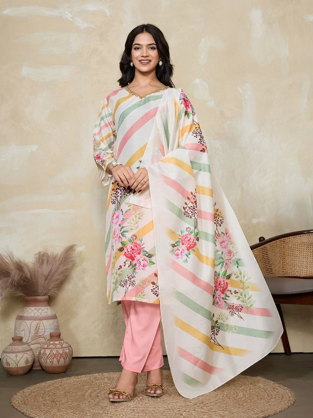 Multicolor Striped Muslin Silk Kurta with Floral Dupatta