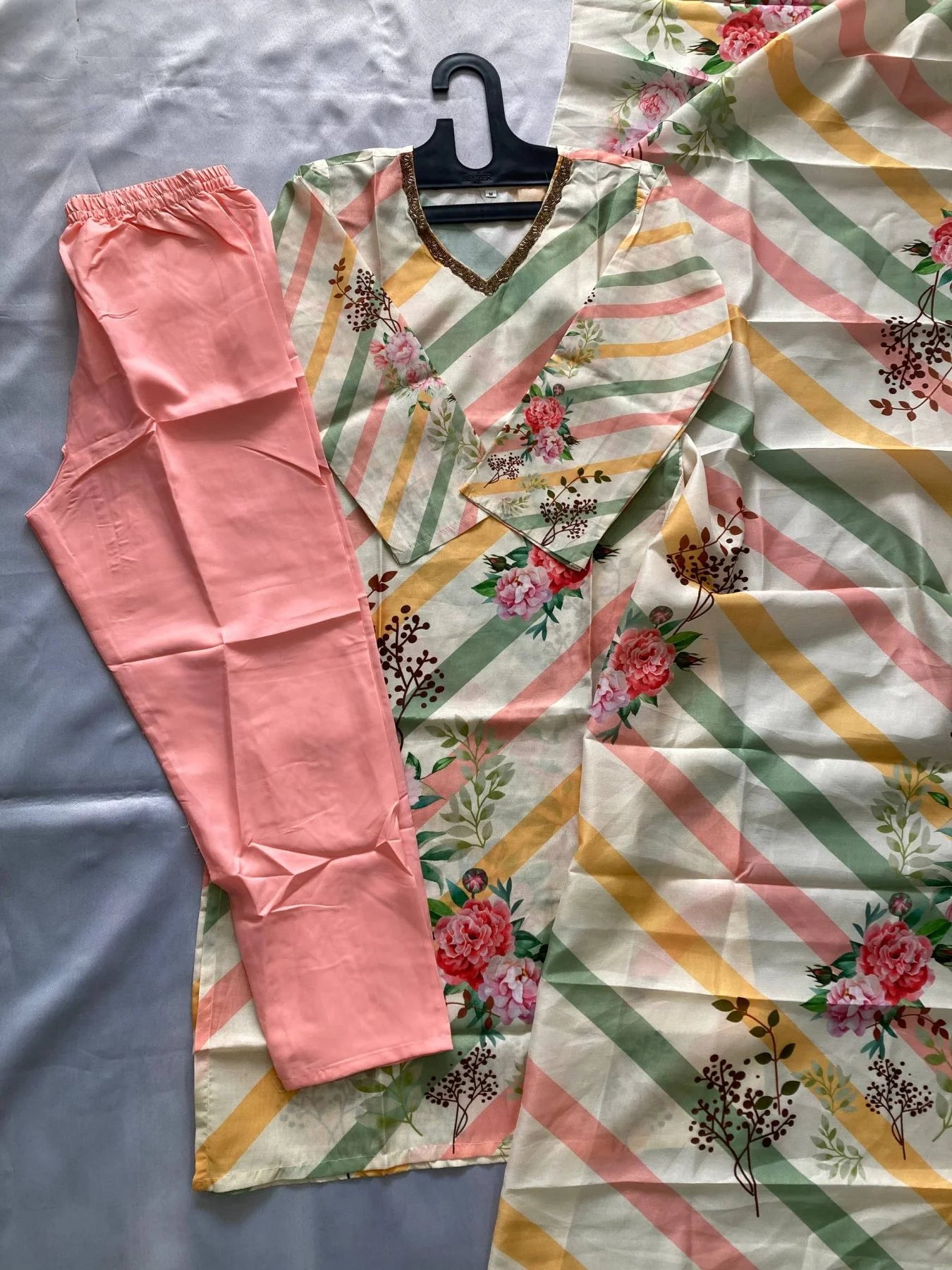 Multicolor Striped Muslin Silk Kurta with Floral Dupatta