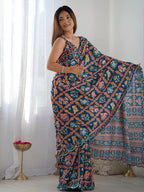 Multicolor Chinon Printed Designer Saree