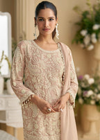 Lace Pink Georgette Palazzo Suit with Handcrafted Bead and Thread Embroidery