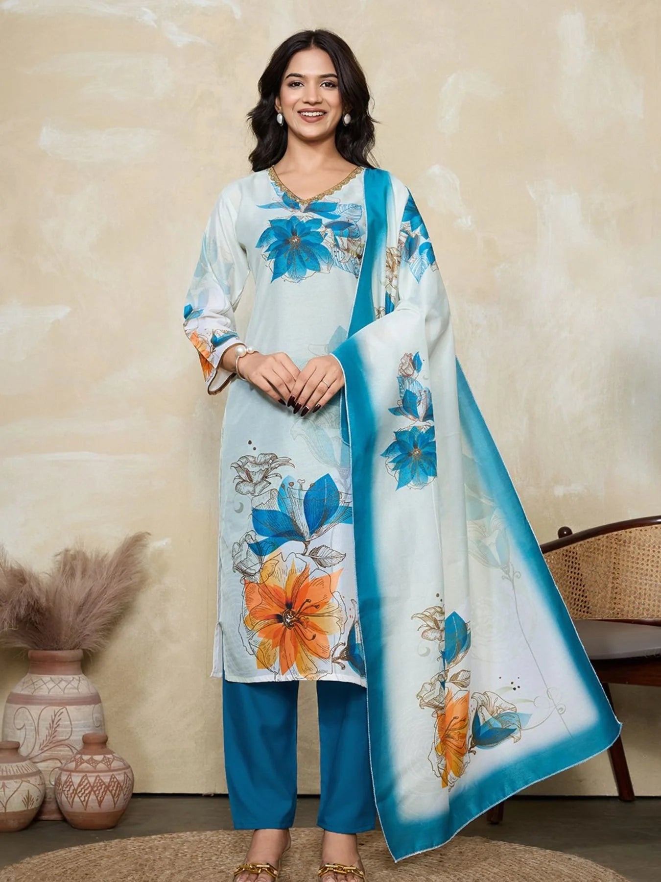 Sky Blue Muslin Silk Floral Digital Print Kurta with Pant