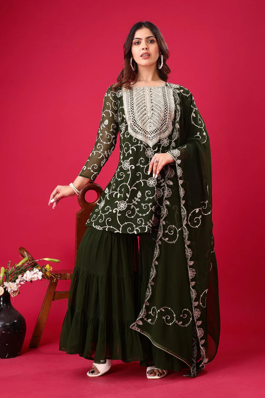 Heavy Georgette Top-Sharara & Dupatta Set