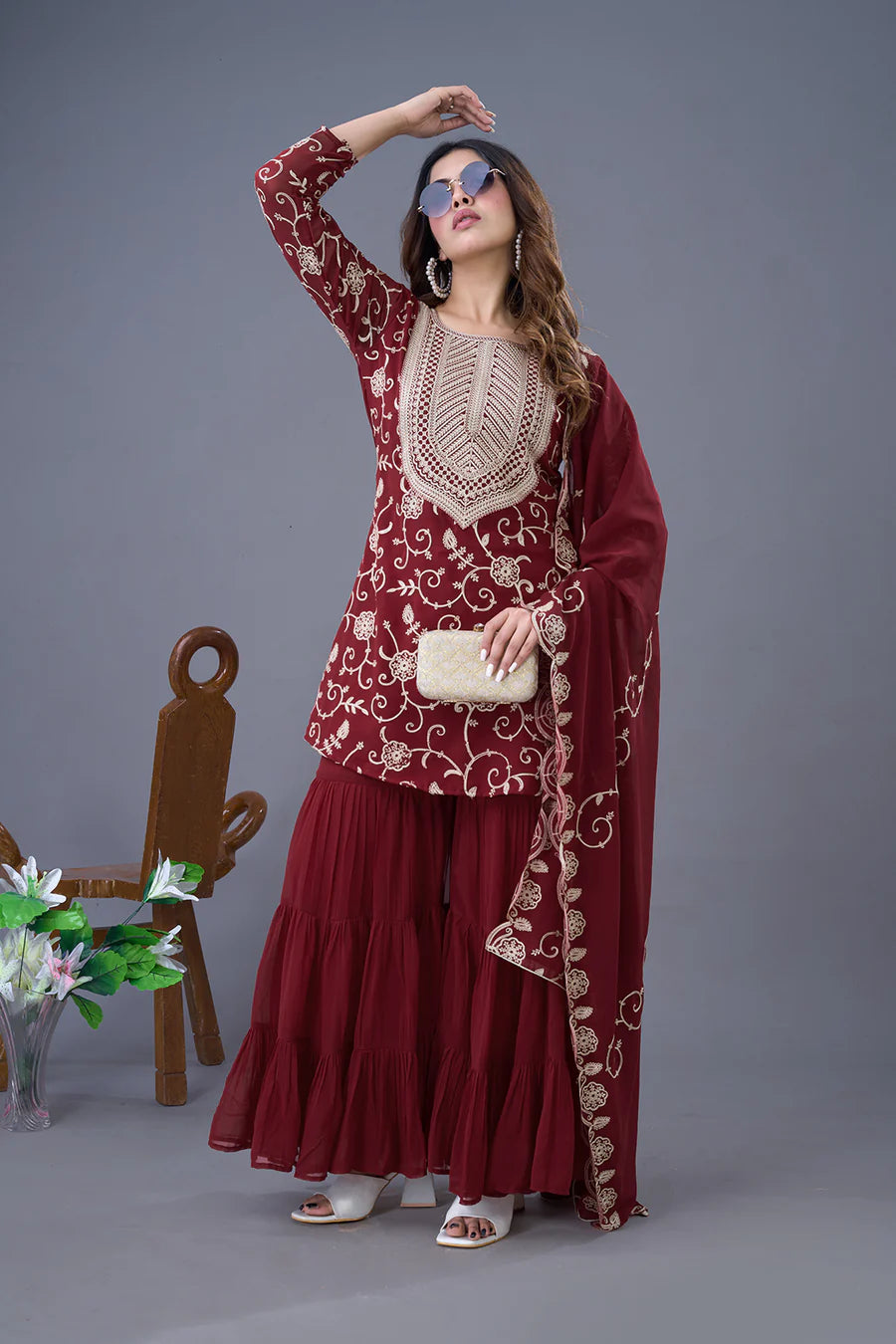 Heavy Georgette Top-Sharara & Dupatta Set