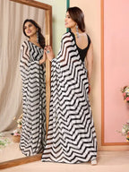 Women's latest design black and white colour georgette printed saree