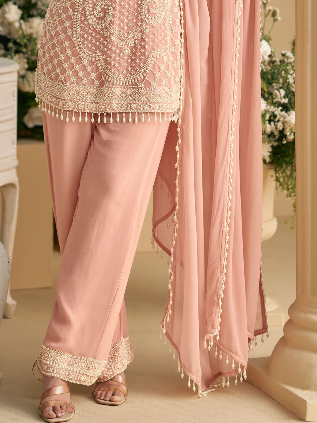 Peach Heavy Embroidered Georgette Kurta Set