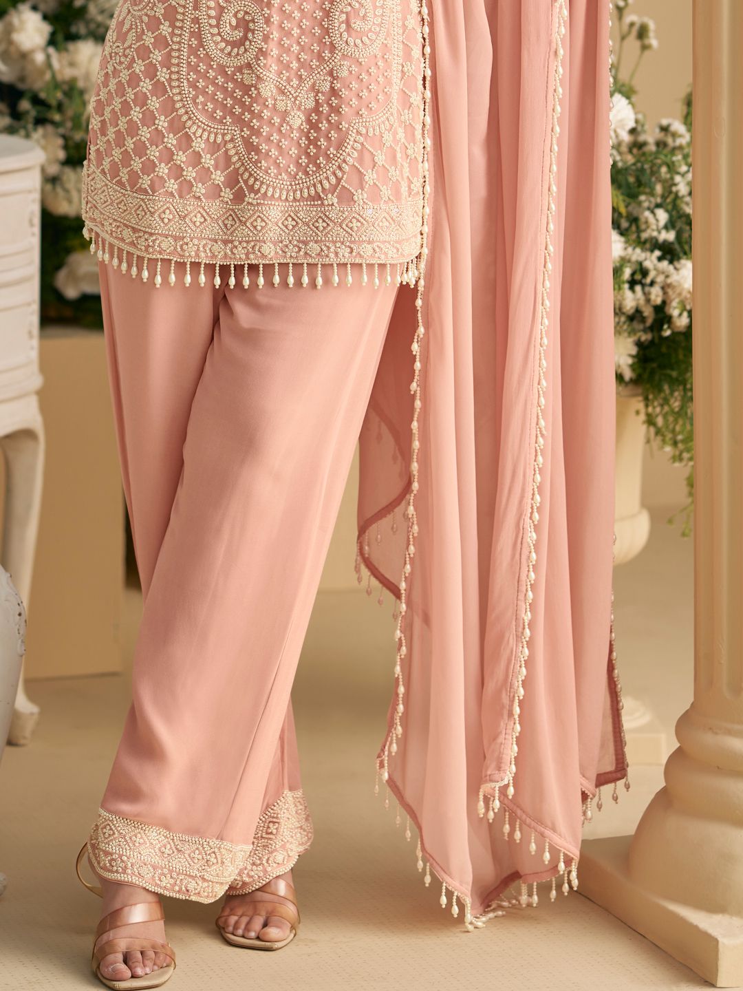 Peach Heavy Embroidered Georgette Kurta Set