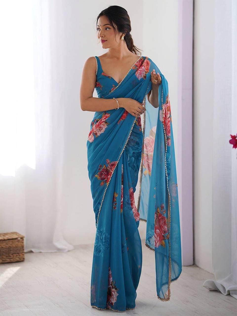 Mitera Floral Beads and Stones Pure Chiffon Saree