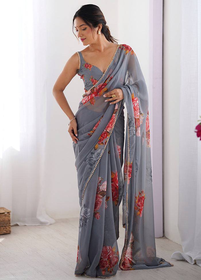 Mitera Floral Beads and Stones Pure Chiffon Saree