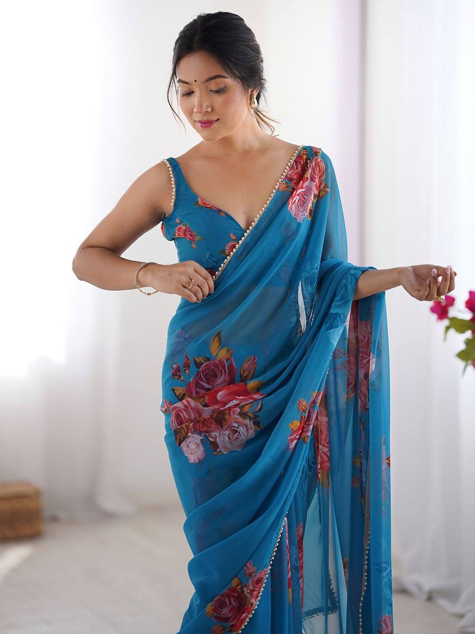 Mitera Floral Beads and Stones Pure Chiffon Saree