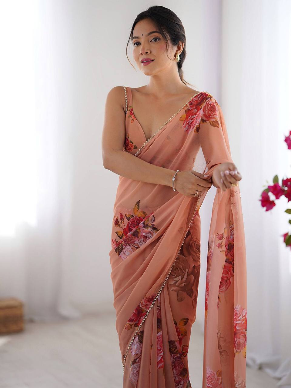 Mitera Floral Beads and Stones Pure Chiffon Saree