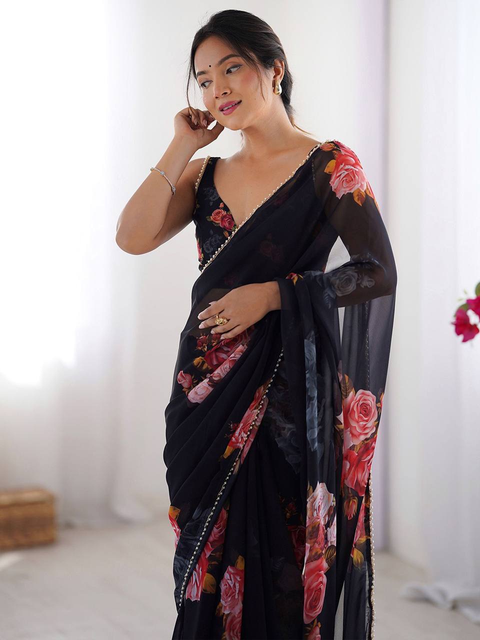 Mitera Floral Beads and Stones Pure Chiffon Saree