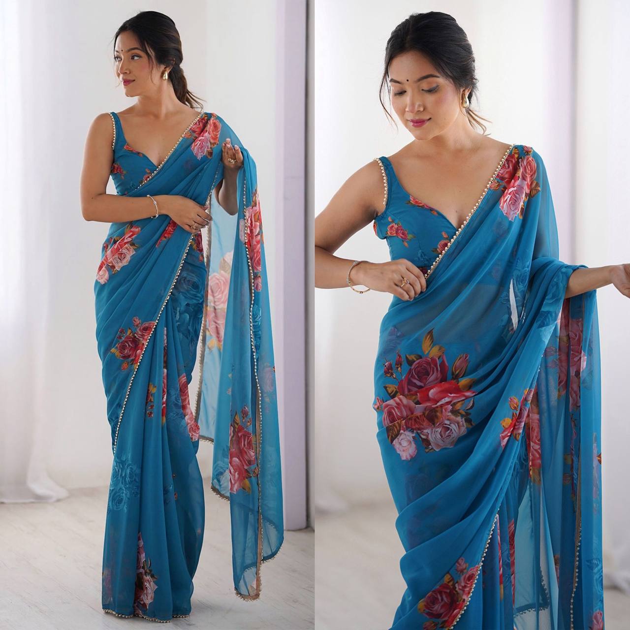 Mitera Floral Beads and Stones Pure Chiffon Saree