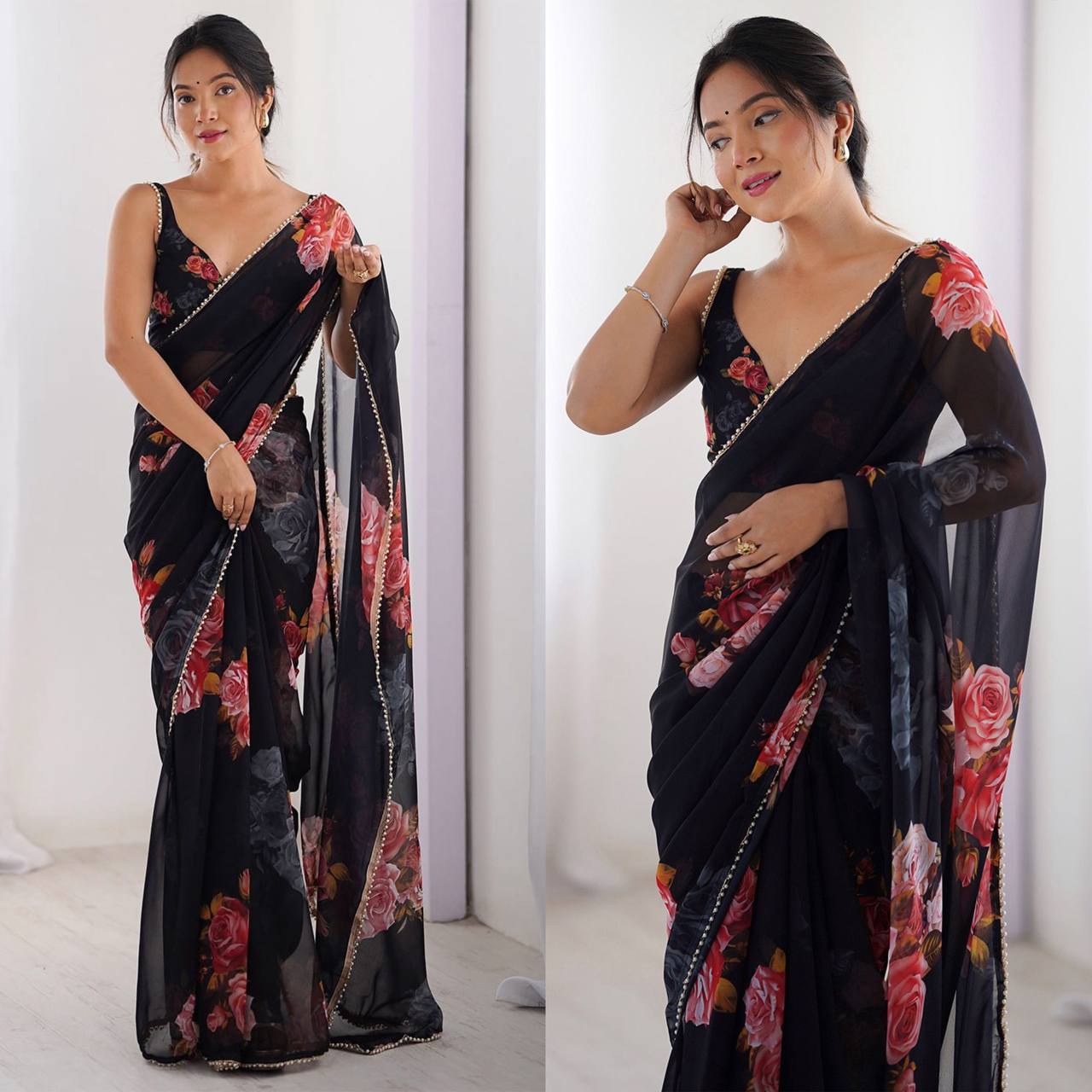 Mitera Floral Beads and Stones Pure Chiffon Saree