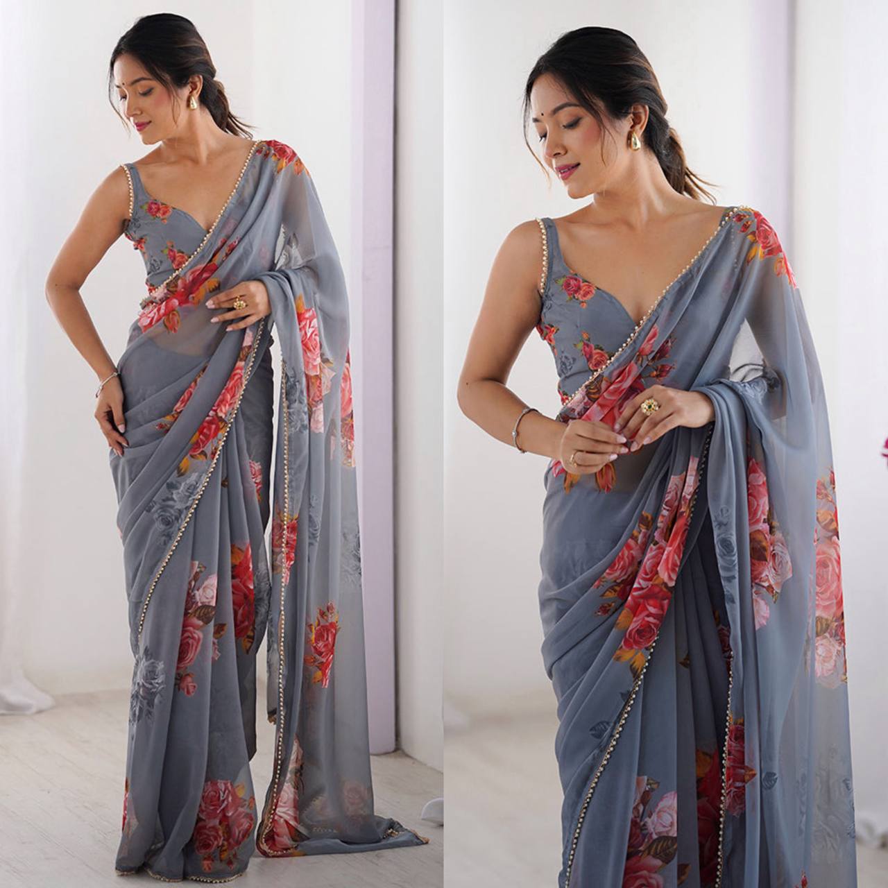 Mitera Floral Beads and Stones Pure Chiffon Saree