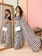 Women's latest design black and white colour georgette printed saree