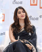 Black Silk Saree with Silver Zari Border and Floral Motif