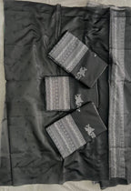 Black Silk Saree with Silver Zari Border and Floral Motif