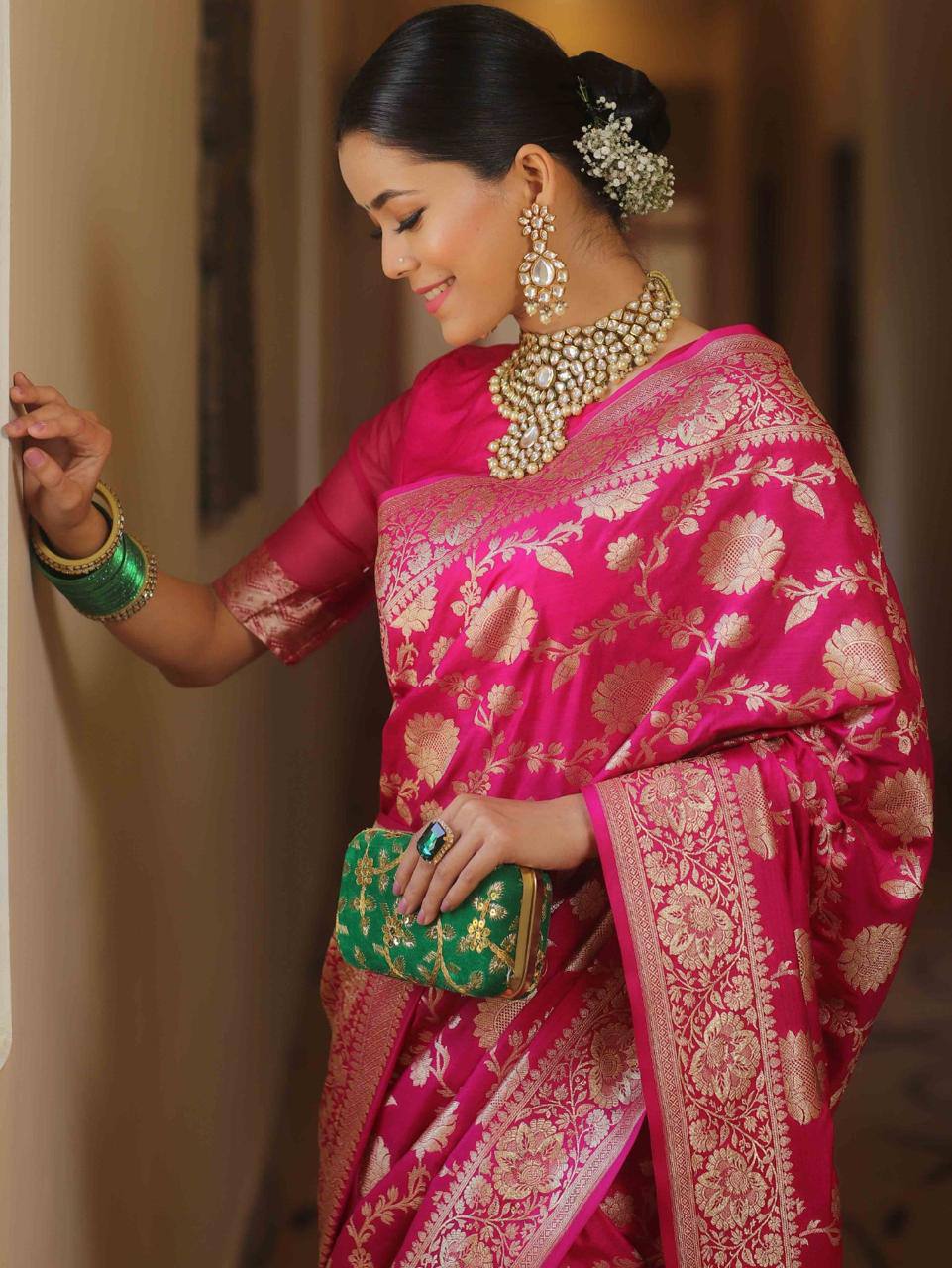 Pink Banarasee Semi Katan Zari Jaal Saree