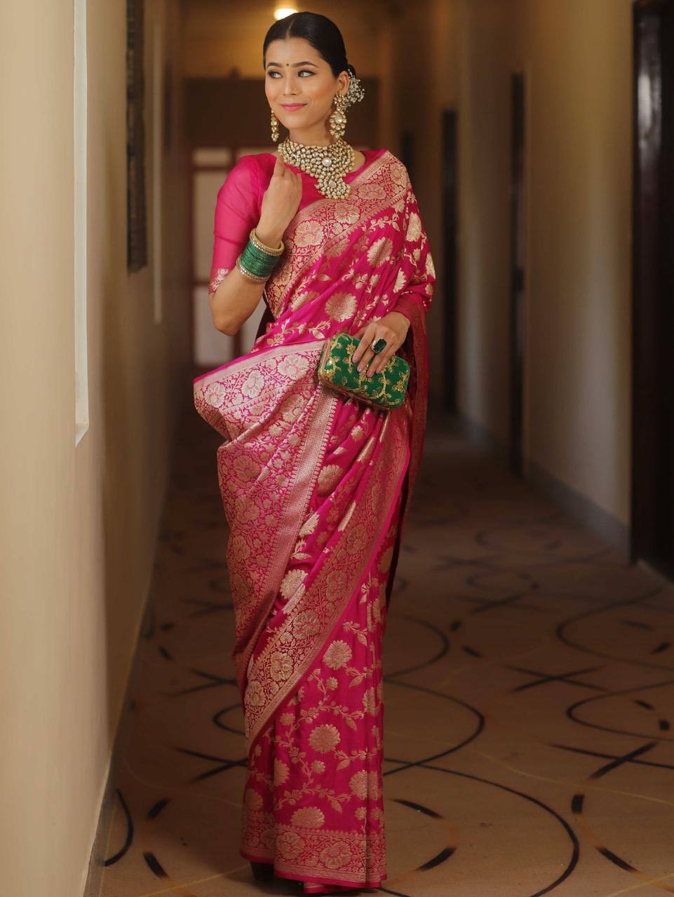 Pink Banarasee Semi Katan Zari Jaal Saree
