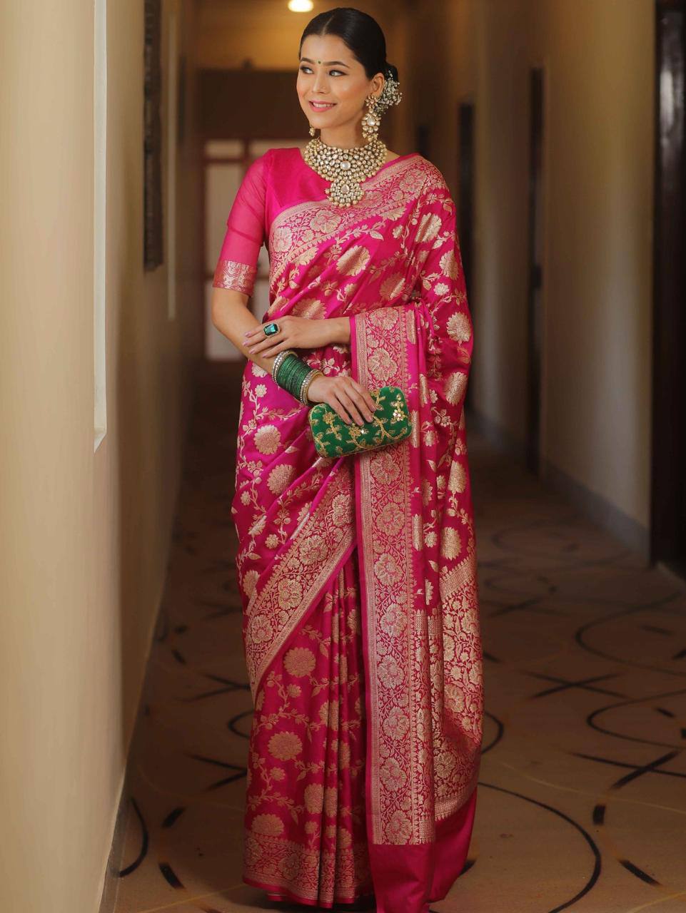 Pink Banarasee Semi Katan Zari Jaal Saree