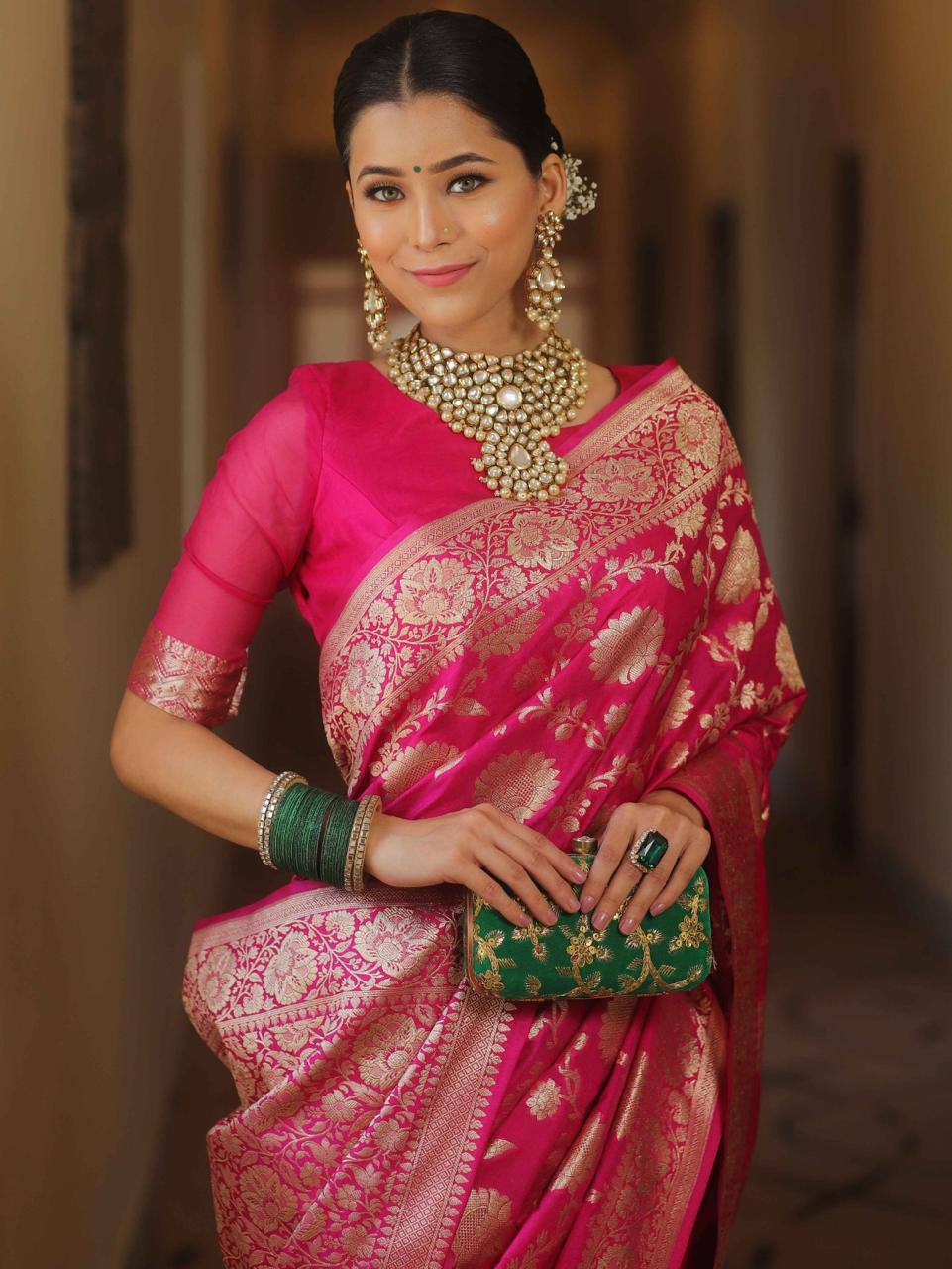 Pink Banarasee Semi Katan Zari Jaal Saree
