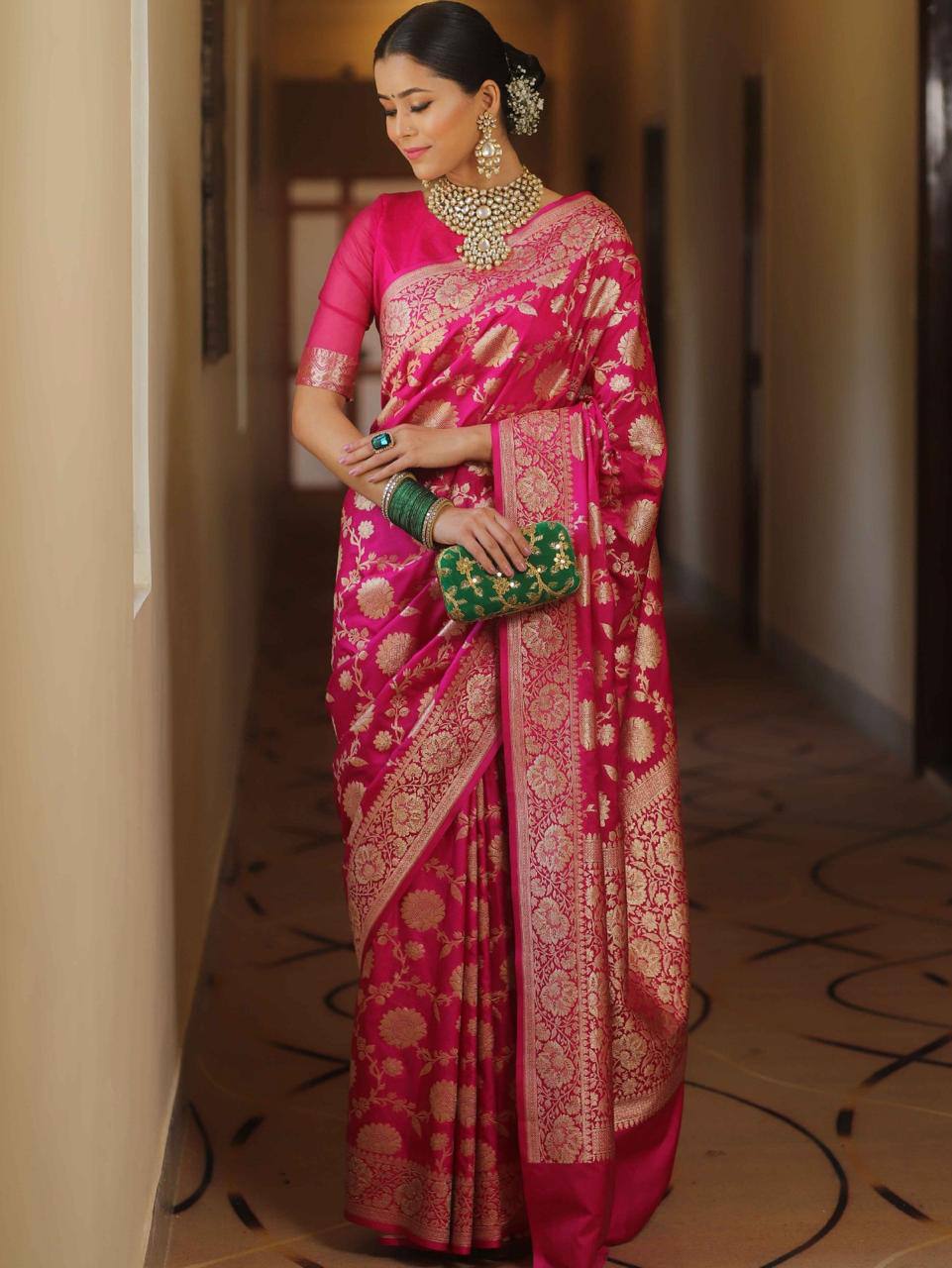 Pink Banarasee Semi Katan Zari Jaal Saree