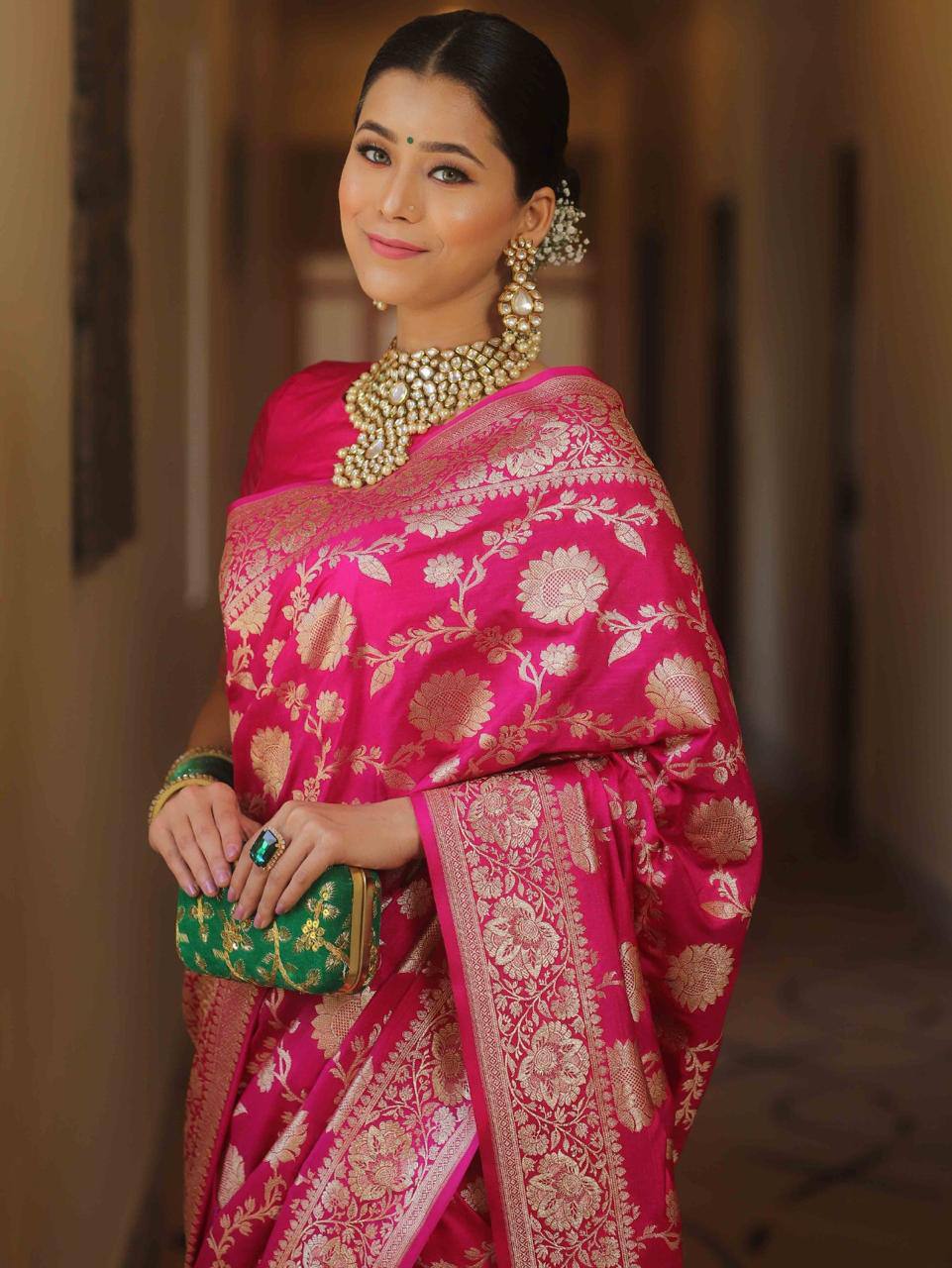 Pink Banarasee Semi Katan Zari Jaal Saree