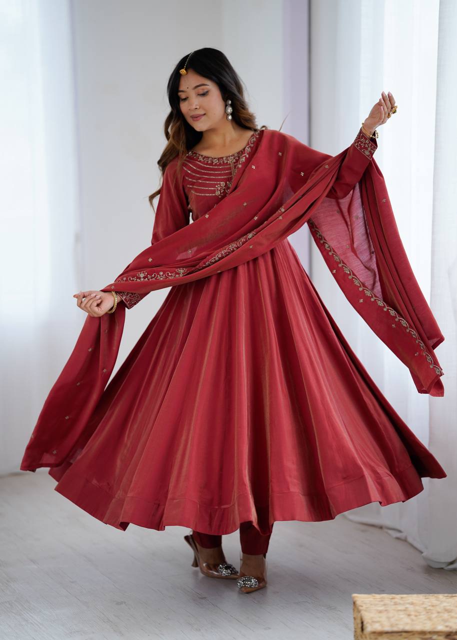 Flowy maroon long anarkali with matching dupatta