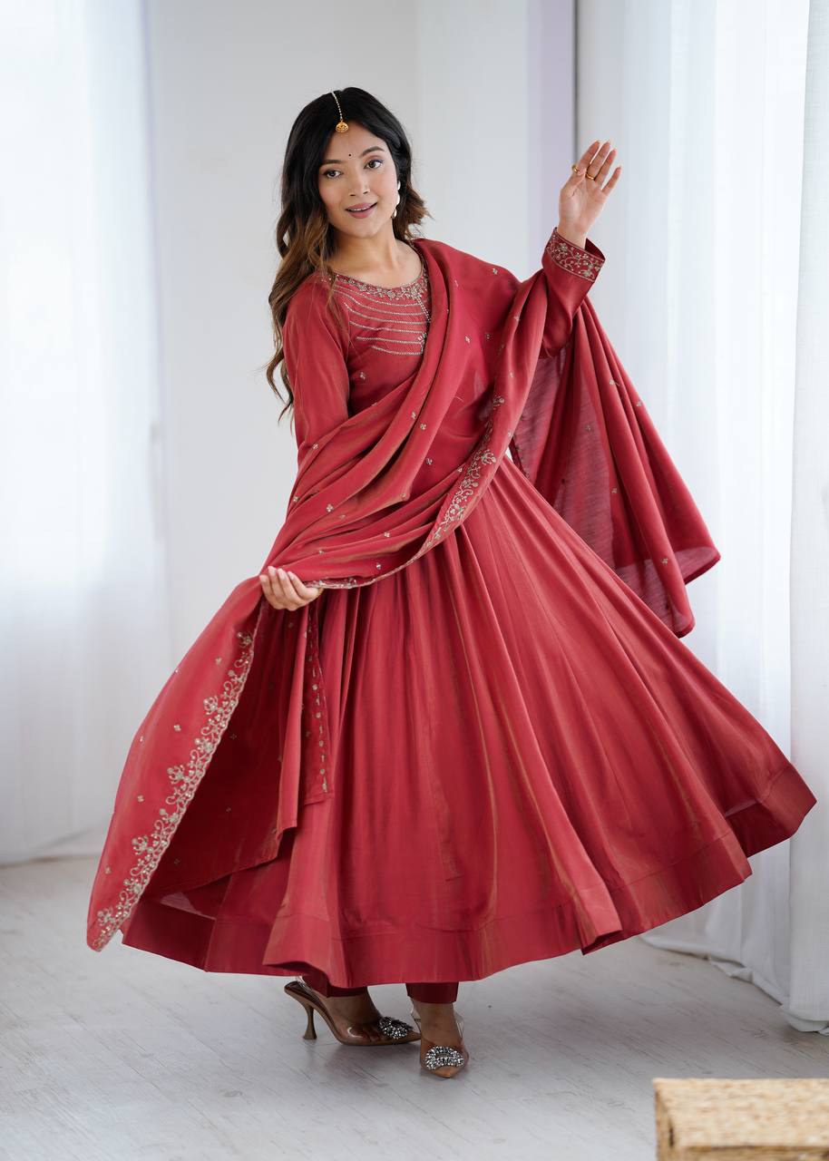 Flowy maroon long anarkali with matching dupatta