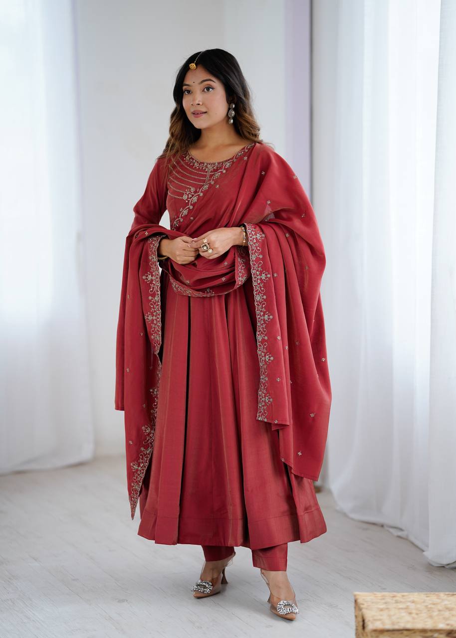 Flowy maroon long anarkali with matching dupatta
