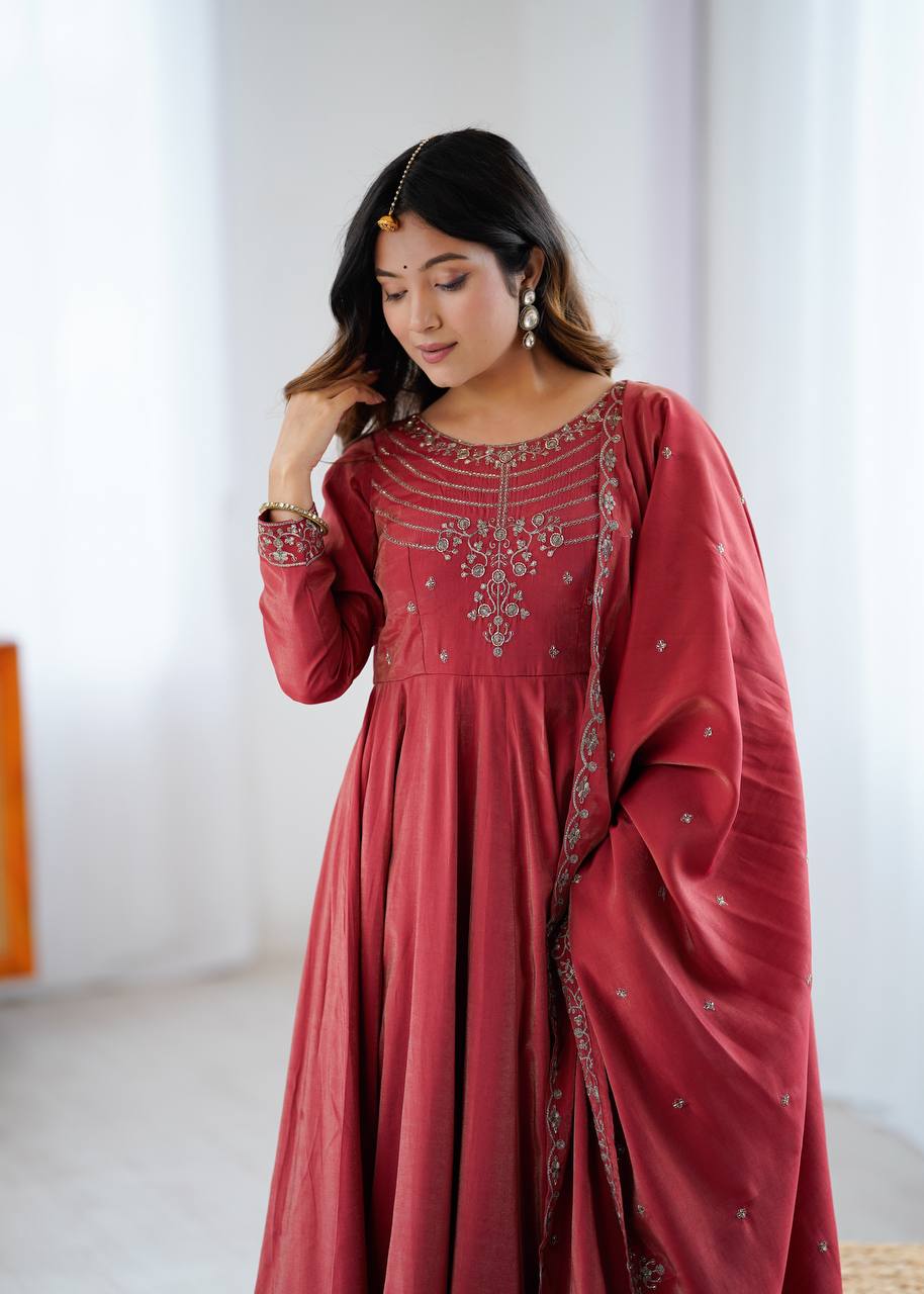 Flowy maroon long anarkali with matching dupatta