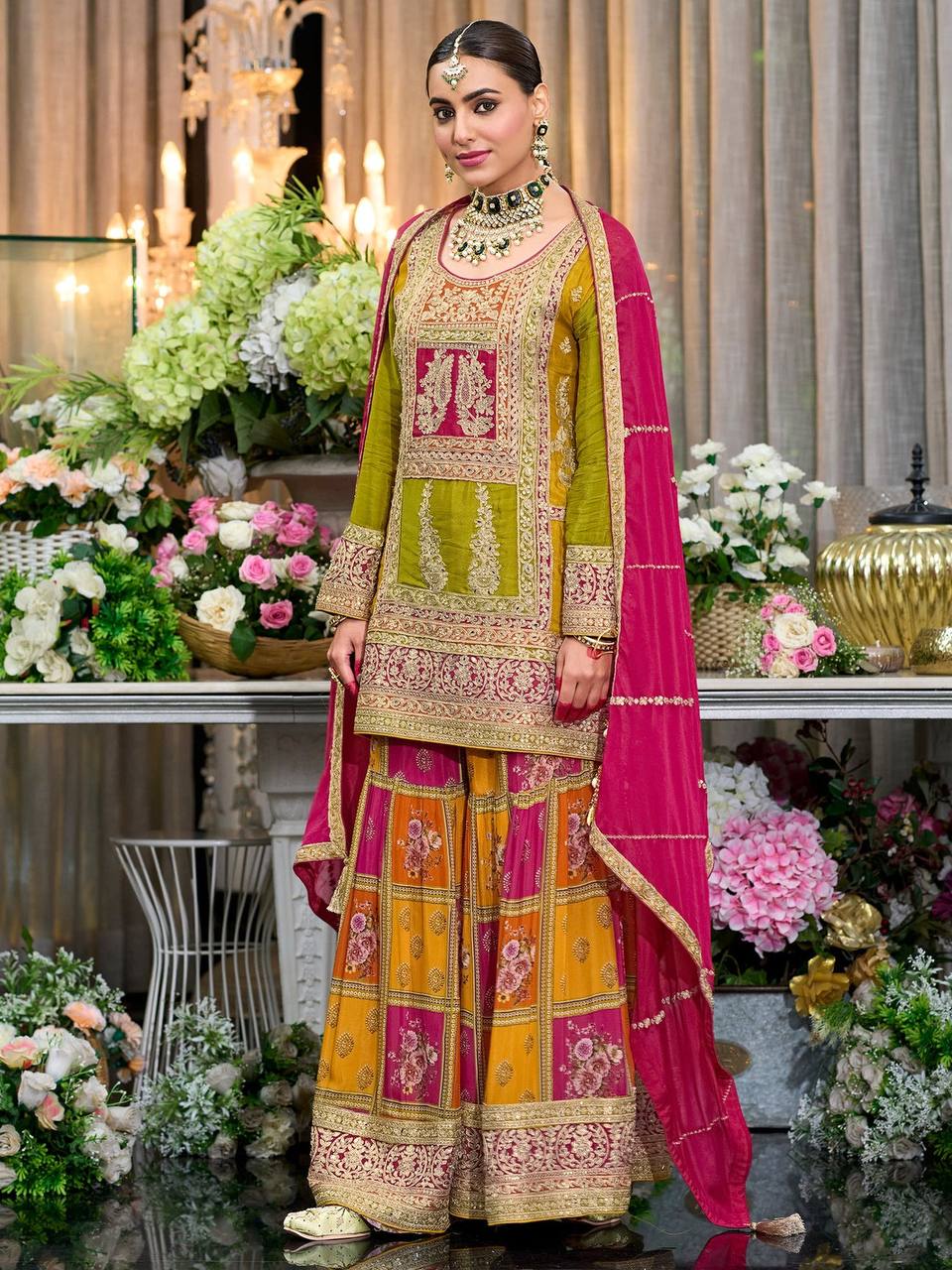 Embroidered Straight Kurta Palazzos With Dupatta Set