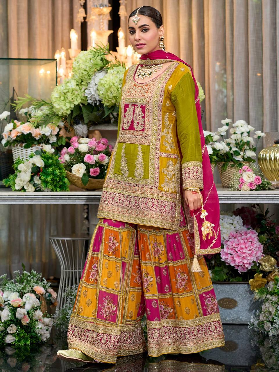 Embroidered Straight Kurta Palazzos With Dupatta Set