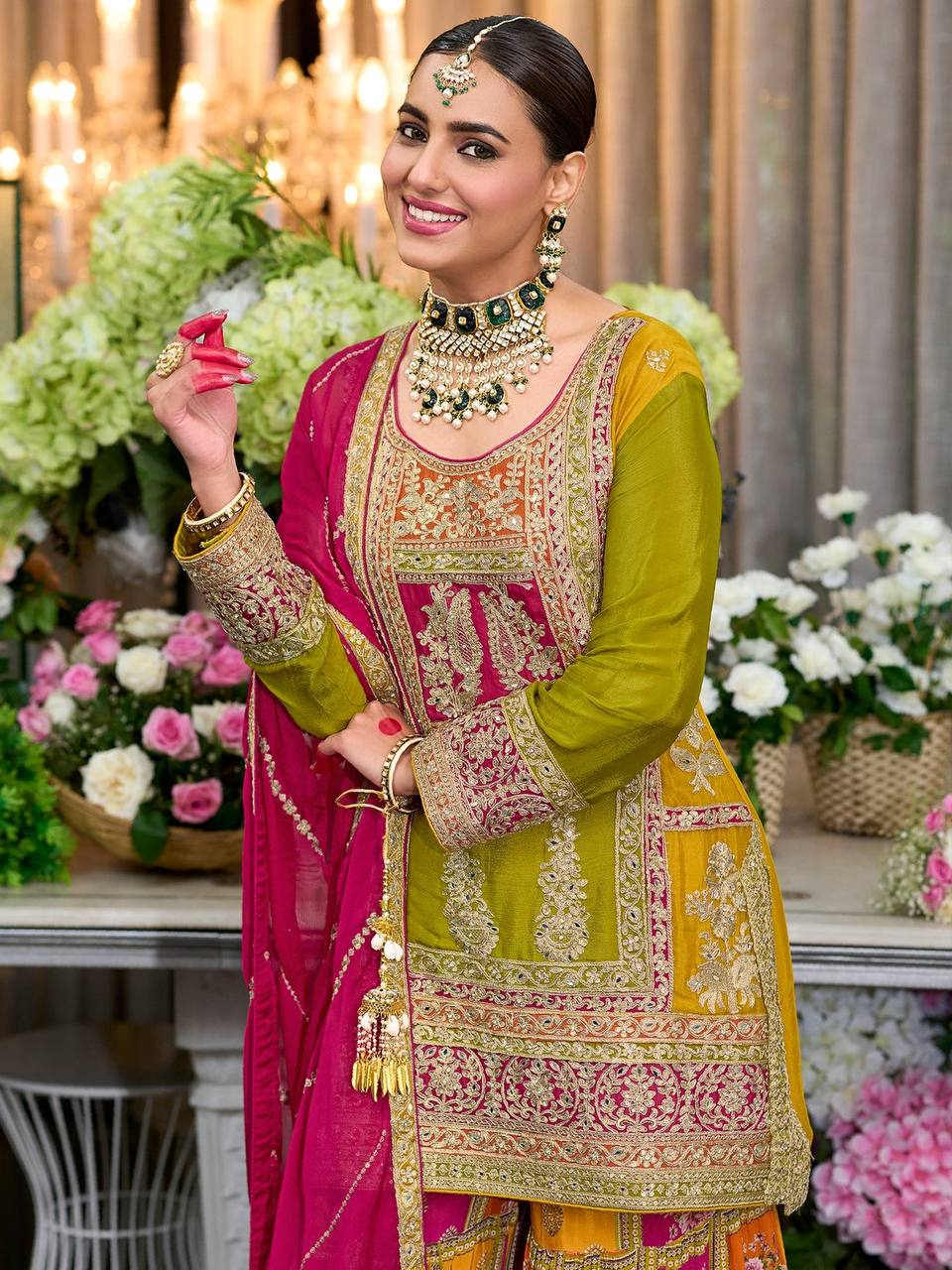 Embroidered Straight Kurta Palazzos With Dupatta Set