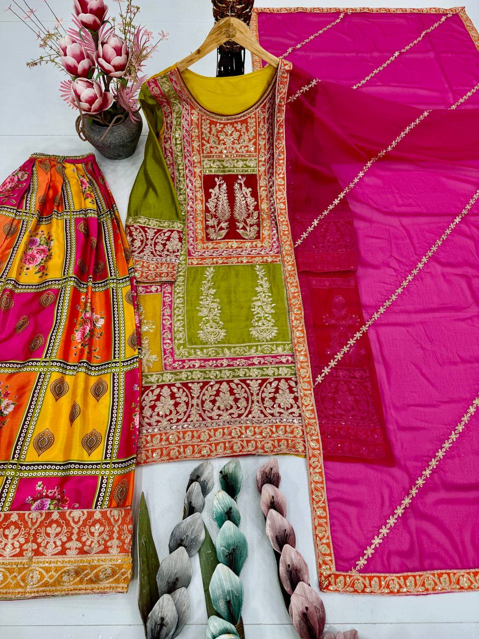 Embroidered Straight Kurta Palazzos With Dupatta Set