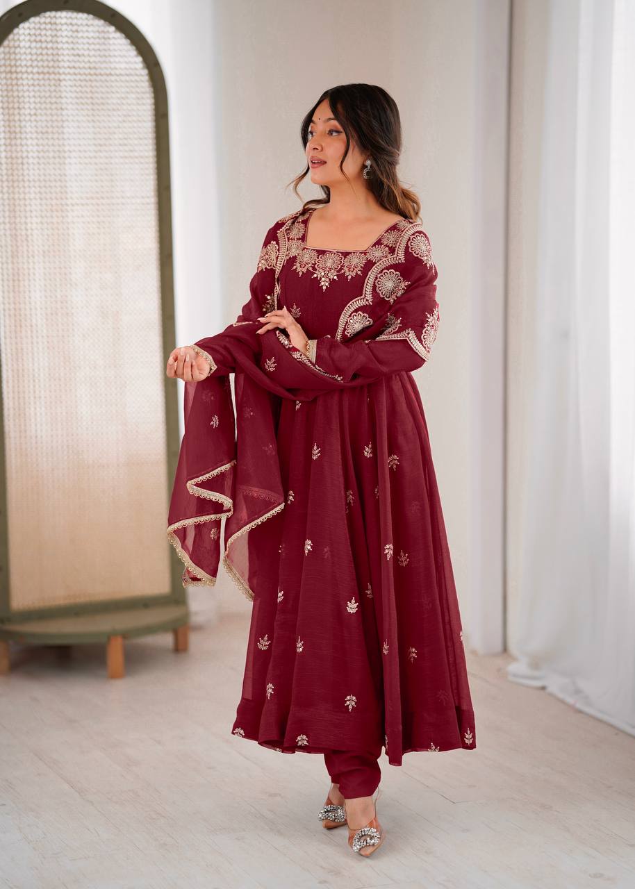 Exquisite Maroon Embroidered Anarkali Suit