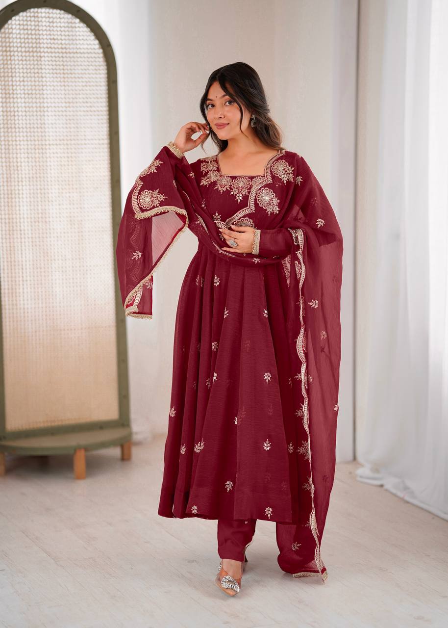 Exquisite Maroon Embroidered Anarkali Suit