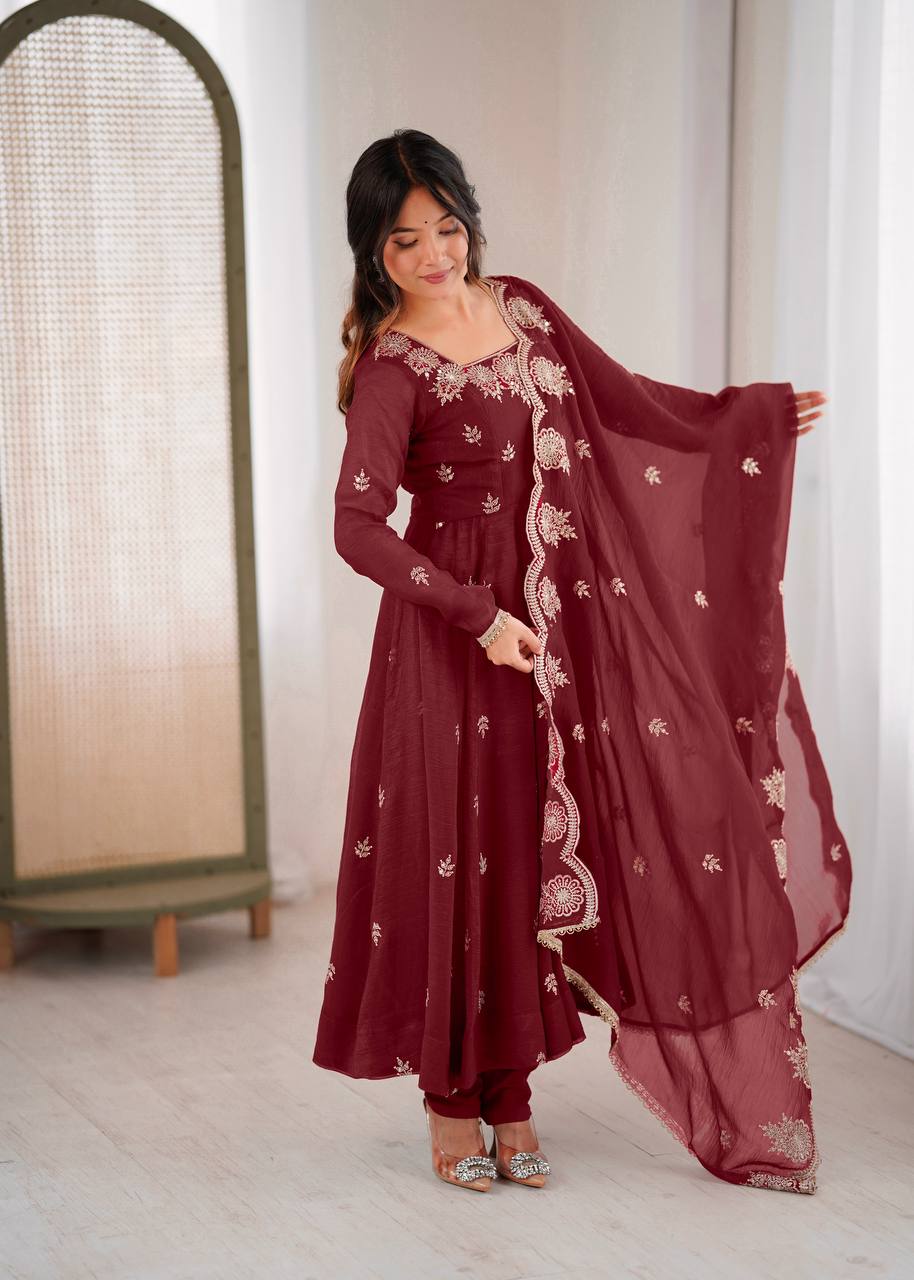 Exquisite Maroon Embroidered Anarkali Suit