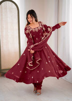 Exquisite Maroon Embroidered Anarkali Suit